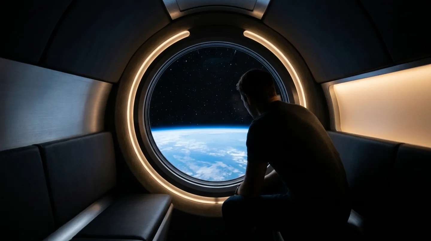 A passenger looking out the round cabin window at Earth from space.