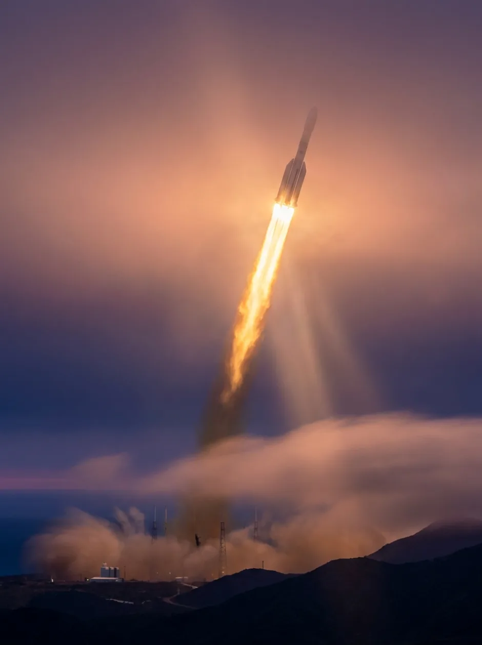 A rocket rising on a column of light at dawn.